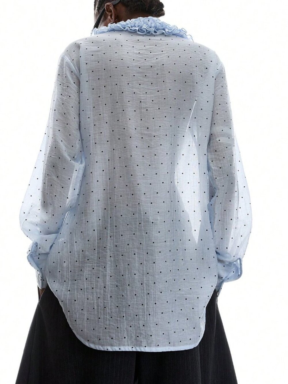 Blue Casual Women's Sexy Polka Dot Print Ruffle Hem Blouse - Picture 2 of 9